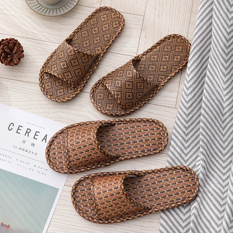 Rattan Home Linen Slippers for Women Men Summer Wisteria Woven Cooling Floor Indoor Slides Unisex Bedroom Shoes Mujer Zapatilla