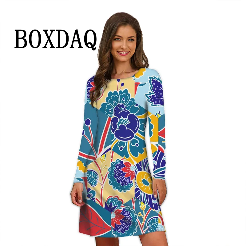 

Vintage Floral Print Women Dress Abstract 3D Flower Pattern Long Sleeve o-neck A-Line Dress Loose Casual Ladies Dress Autumn New