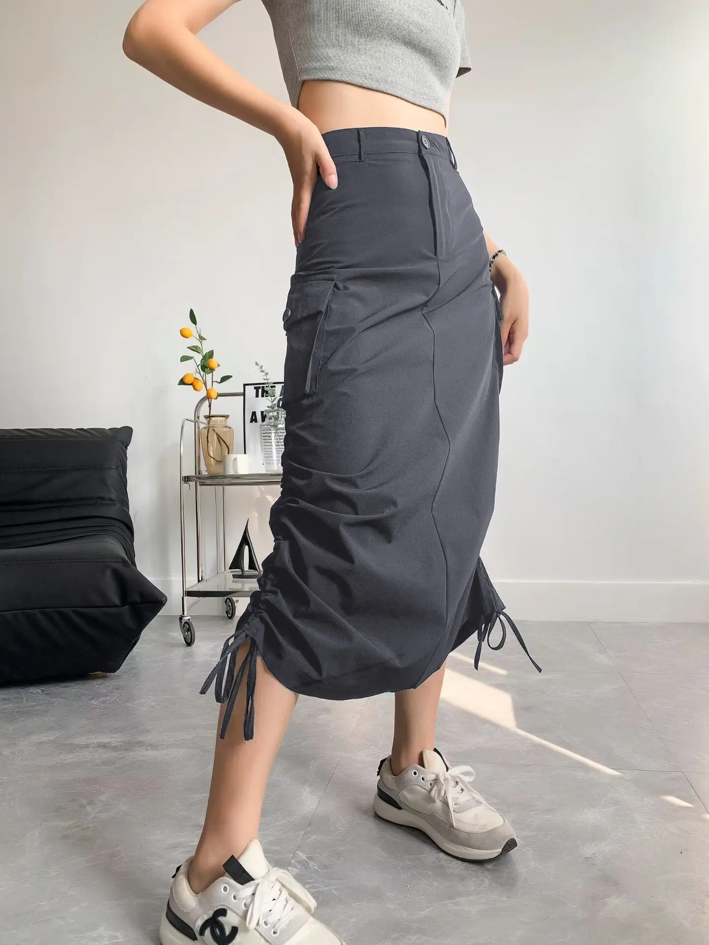 

Женский новый продукт 2023, серая модная юбка с разрезом и большими карманами для инструментов, 8037 #