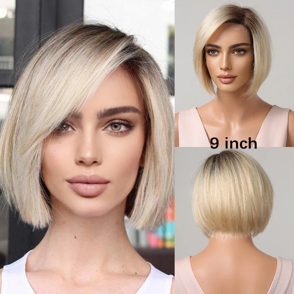 Bob Human Hair Wigs Ombre Light Blonde Pixie Cut Lace Front Wigs for Women Side Parted Straight Transparent Lace Wig HAIRCUBE