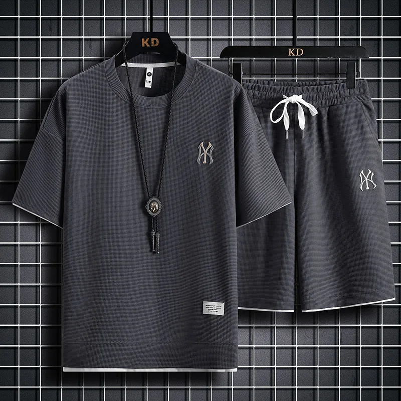 Casual Sports NY Suit Fake Two Pieces Short Sleeve T-shirt Men's Summer Embroidered Waffle Clothes Set Matching