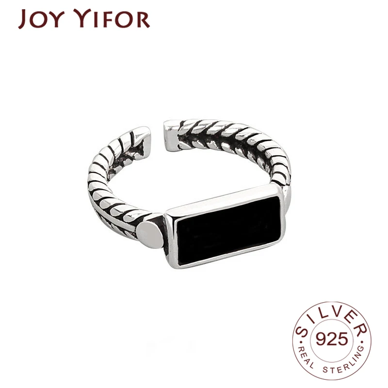 

Женское Открытое кольцо из серебра 925 пробы, в стиле ретро, с прямоугольным Черным Камнем, модное элегантное кольцо ручной работы в стиле хип...