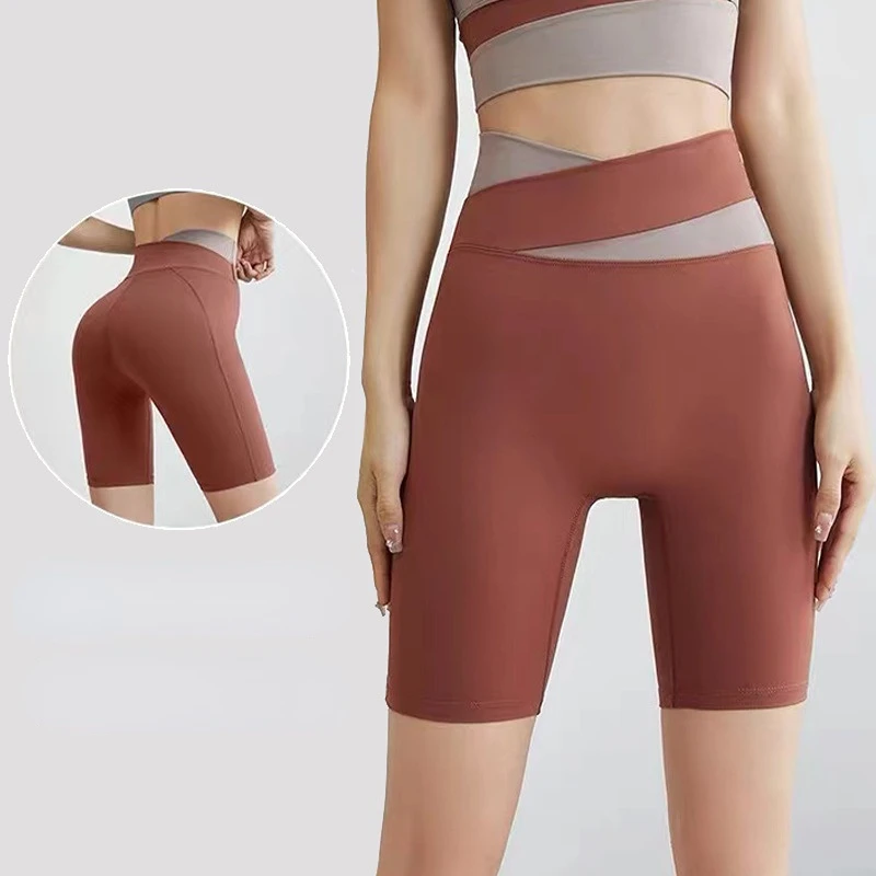 Summer Stitching Hit Color Hip Lift Yoga Shorts Women's Quick-drying Gym Running Brocade Surface Sports Five-point Pants Gothic