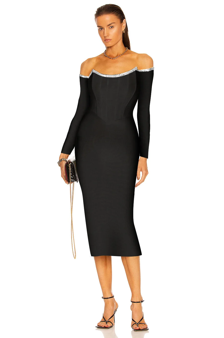 Женское облегающее платье миди с длинным рукавом черное открытыми плечами и
