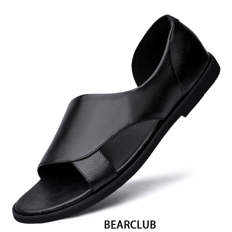 

BEARCLUB Genuine Leather Men's Sandals Summer Casual Slipper Ankle-Wrap Business Dress Shoes Office Flats for Summer Solid Black