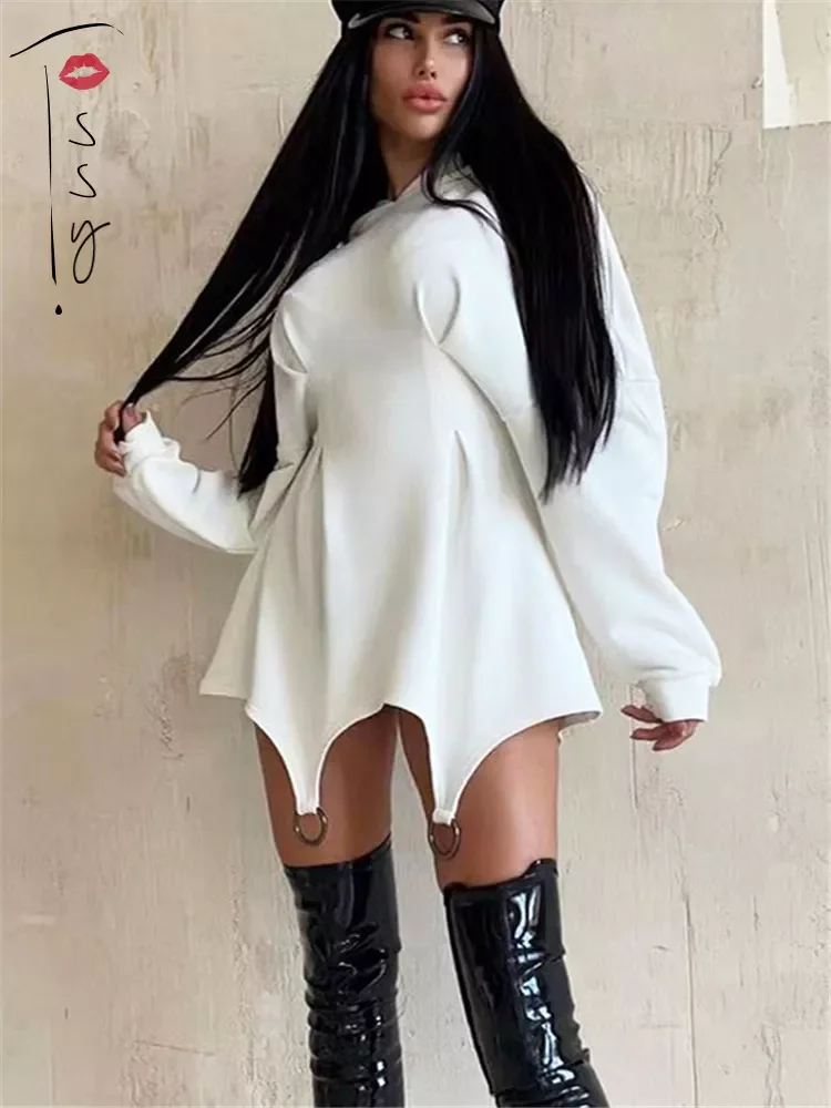 

Tossy 2022 Fashion Hooded Dress For Women White Waist Wrap Bodycon Mini Dress Spring Long Sleeve Hoodies Sweatshirt Dresses