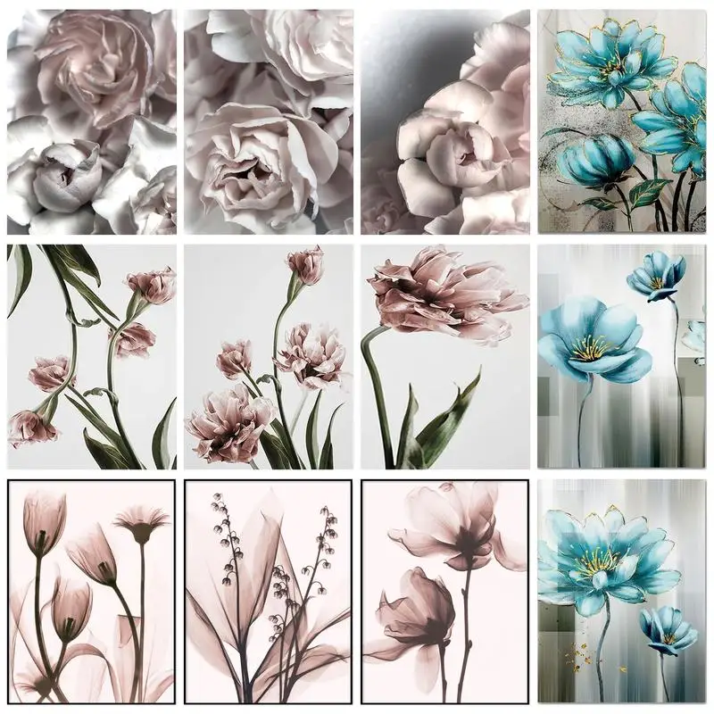 

CHENISTORY Oil Painting By Numbers Frame Blue Pink Simple Flowers Artwork For Adults On Canvas Gift Picture Decorative Painting
