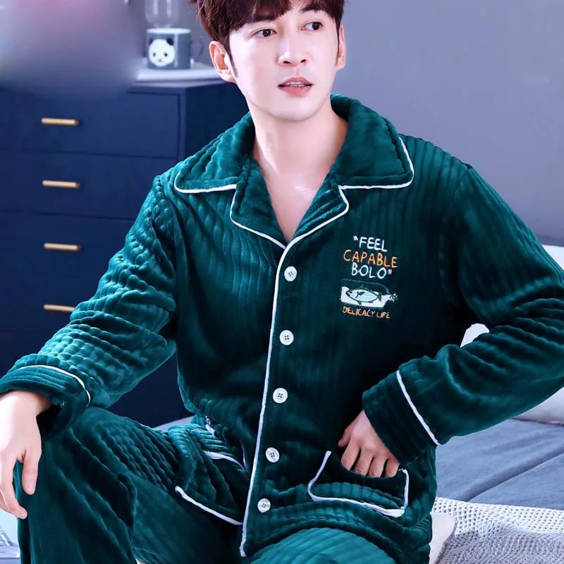 Коралловый флисовый пижамный комплект для мужчин мягкая утепленная фланелевая