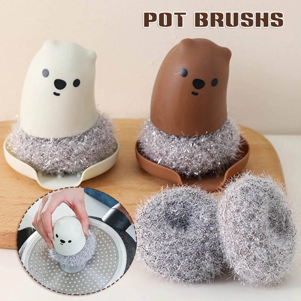 

Bear Handle Washing Brush Replaceable Head Pp Reusable Lovely Wash Pot Brush With Water Tray For Kitchen Limpieza Hogar