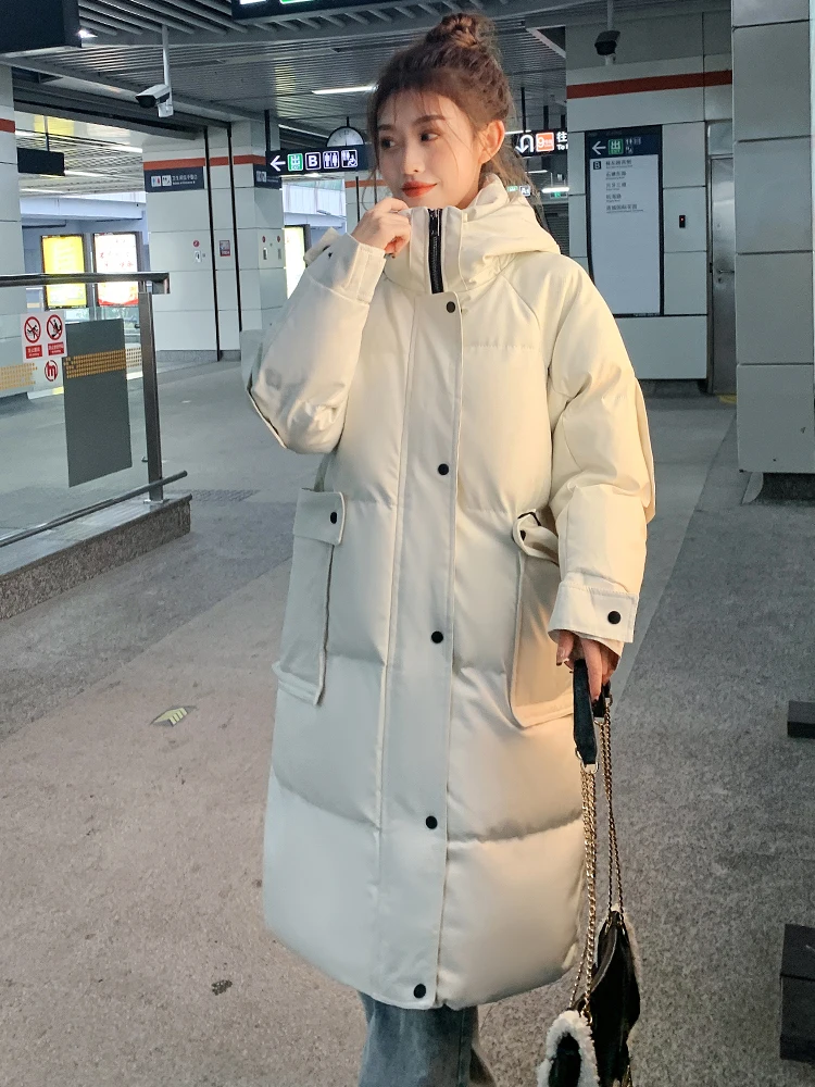 2022 Women Winter Long Warm Parka Hooded Oversize Korean Style Loose Female Coat Solid Black Coffee White Fashion