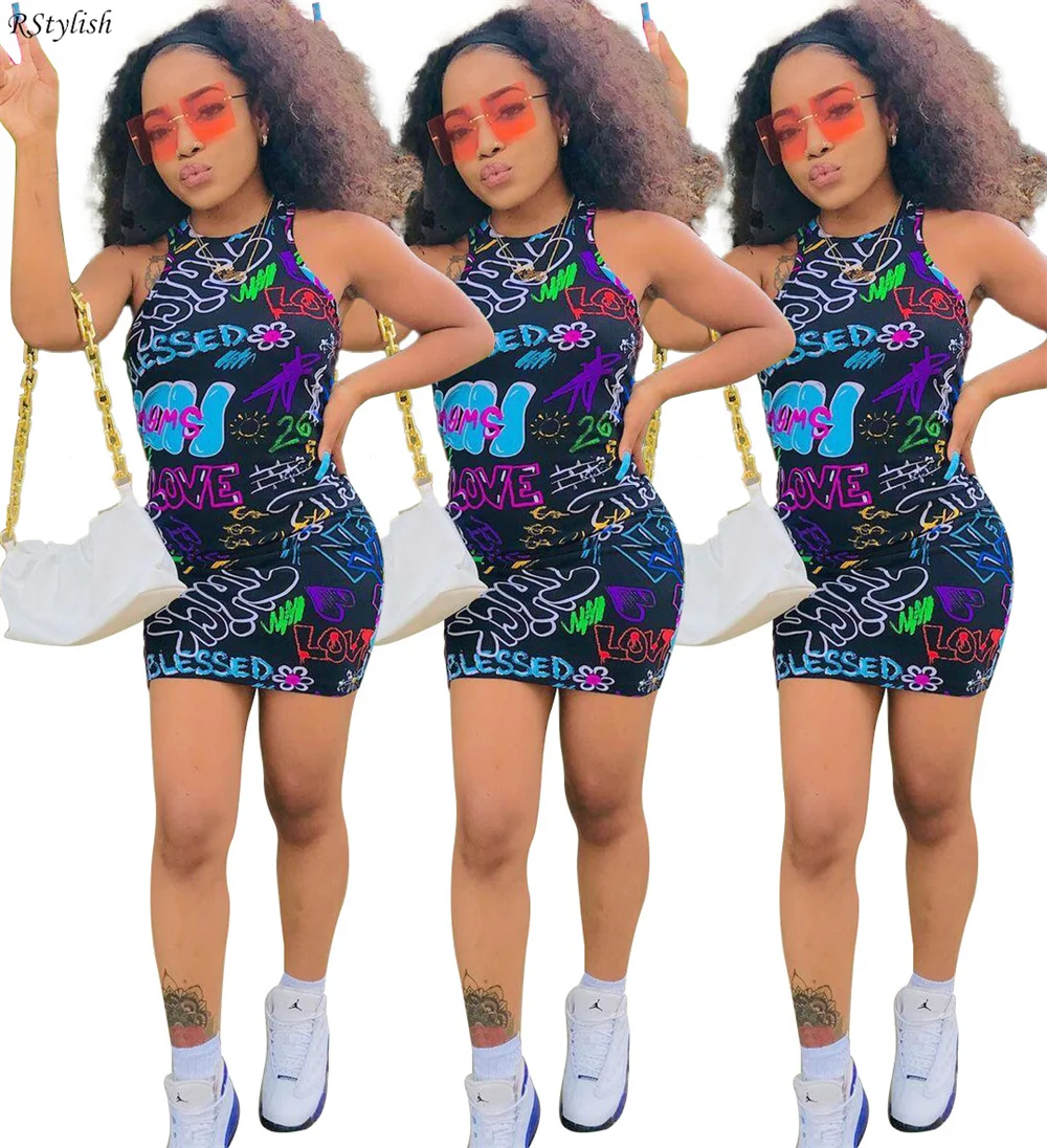 

RStylish Letter Print Women Dress Sleeveless O Neck Bodycon Hip Hop Streetwear Party Club Elegant Fashion 2022 Summer Dresses