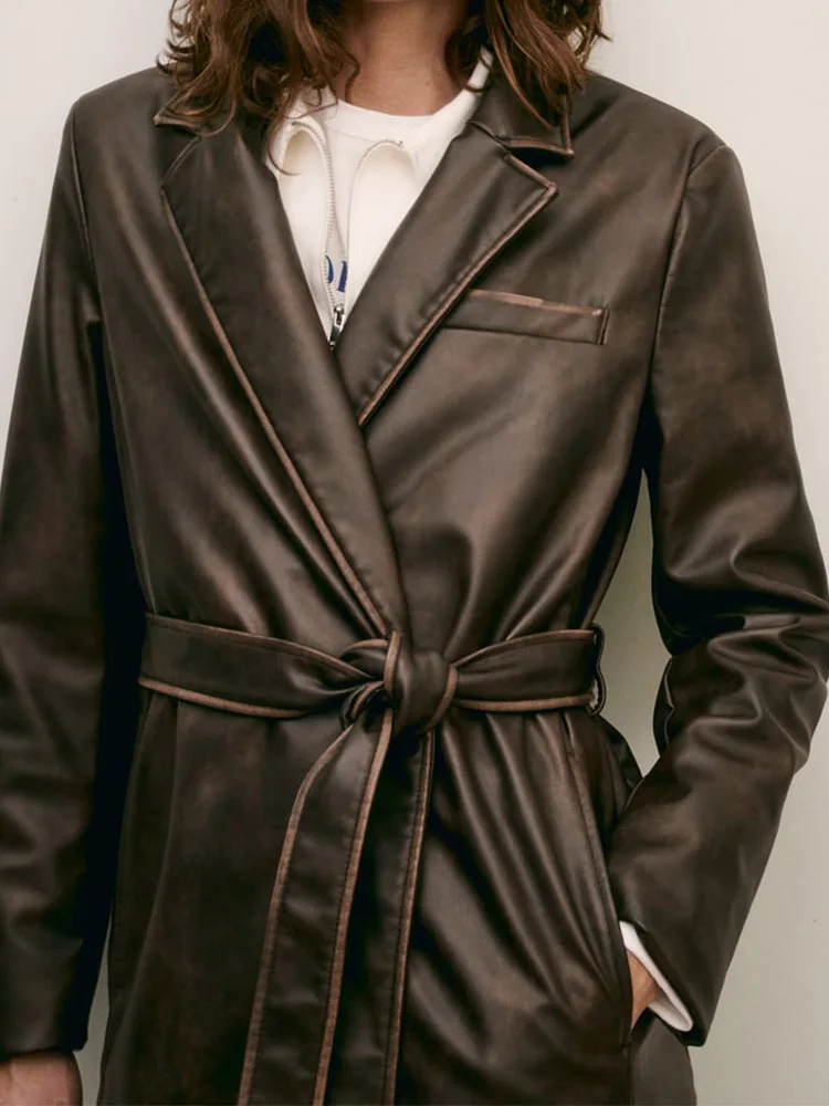 

Женское винтажное пальто из искусственной кожи, однотонное элегантное уличное пальто с поясом и бантом, Осень-зима 2023