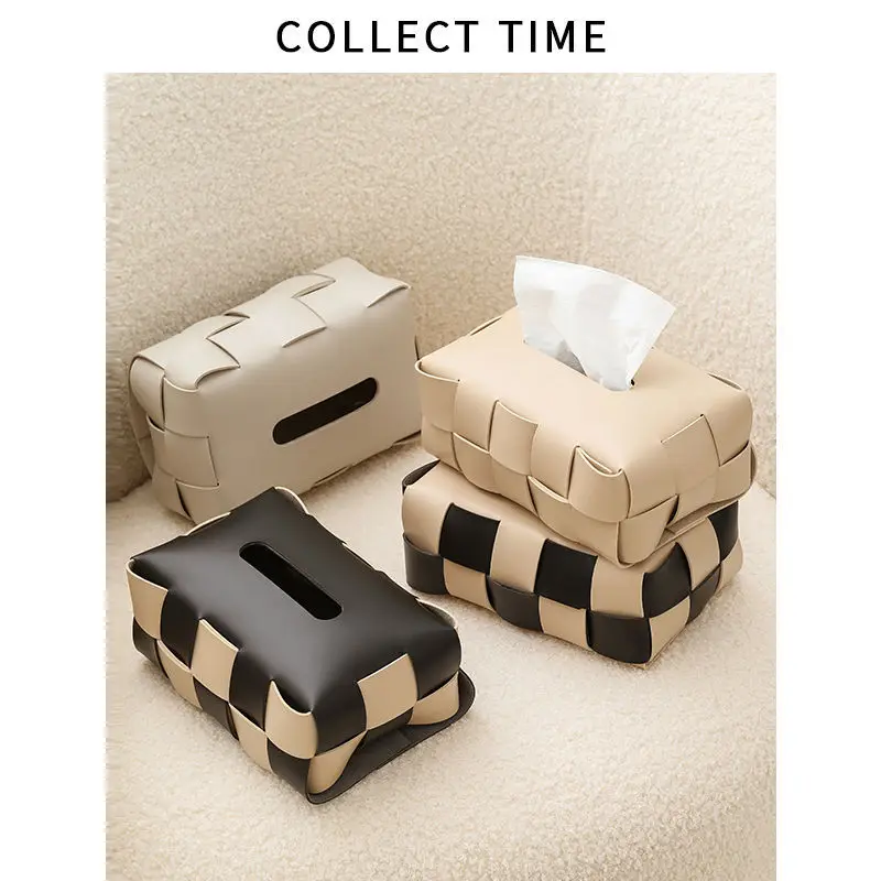 

Retro black and white checkerboard tissue box living room dining table drawer American leather paper drawer napkin box