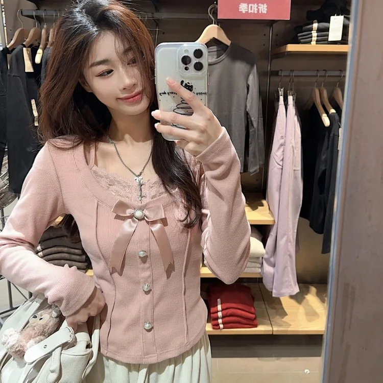 Милые кружевные лоскутные топы из двух частей с бантом женская футболка на