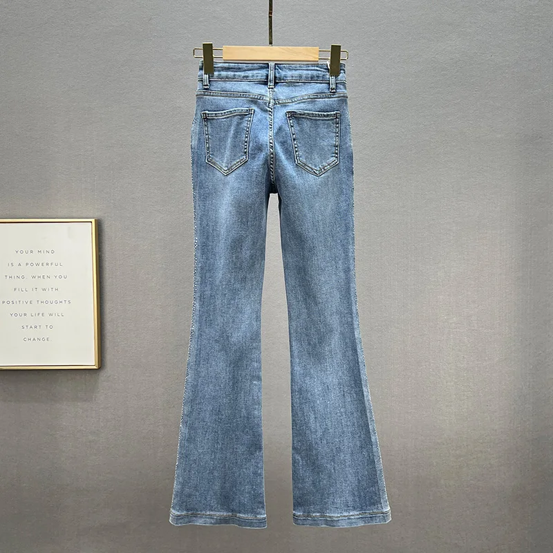 Rhinestone Jeans Women's Fashion Spring Clothing 2022 New Elastic High Waist Slim Bell-Bottom Pants Girls Lady Skinny Jeans