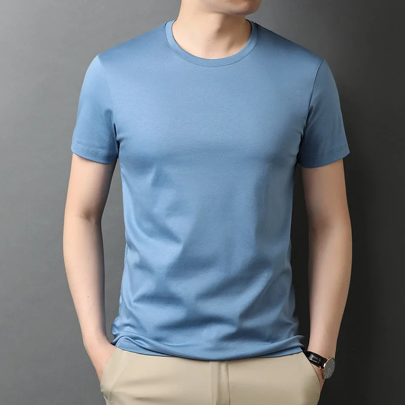 

KO3298 Liquid ammonia non-ironing mercerized pure cotton solid color round neck men's short-sleeved t-shirt