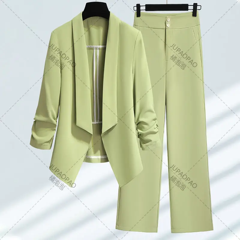Women Spring Summer Green Blazer Pants Two Pieces Sets 2023 Office Lady Graceful Thin Suit Jacket Trousers Outfits Work Clothing