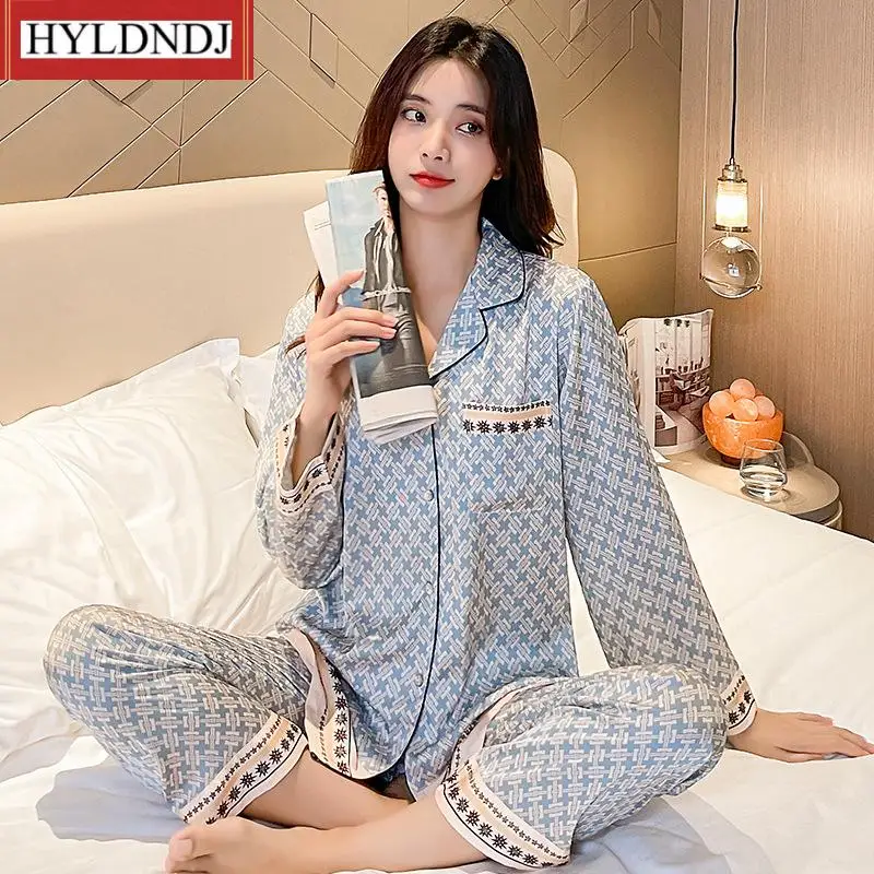 

Женская весенне-осенняя Тонкая шелковая пижама из двух частей с длинным рукавом, сексуальная женская пижама большого размера