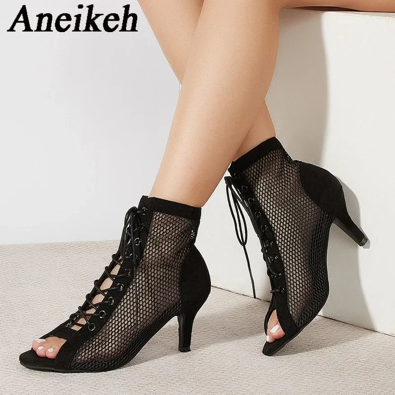 Aneikeh осенние сетчатые ботинки однотонная женская обувь до середины икры с острым
