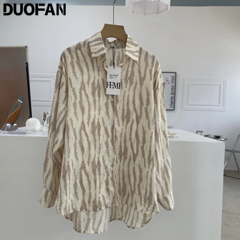 

DUOFAN Autumn New Long-sleeved Shirts Women's Striped Irregular Loose Casual Female Blouse Lapel Oversize Couple Shirt Top