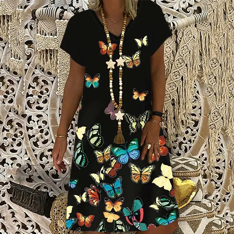 

Women's Shift Dress Knee Length Dress Blue Black Pink Navy Blue Yellow Short Sleeve Butterfly Print Spring Summer V Neck Casual