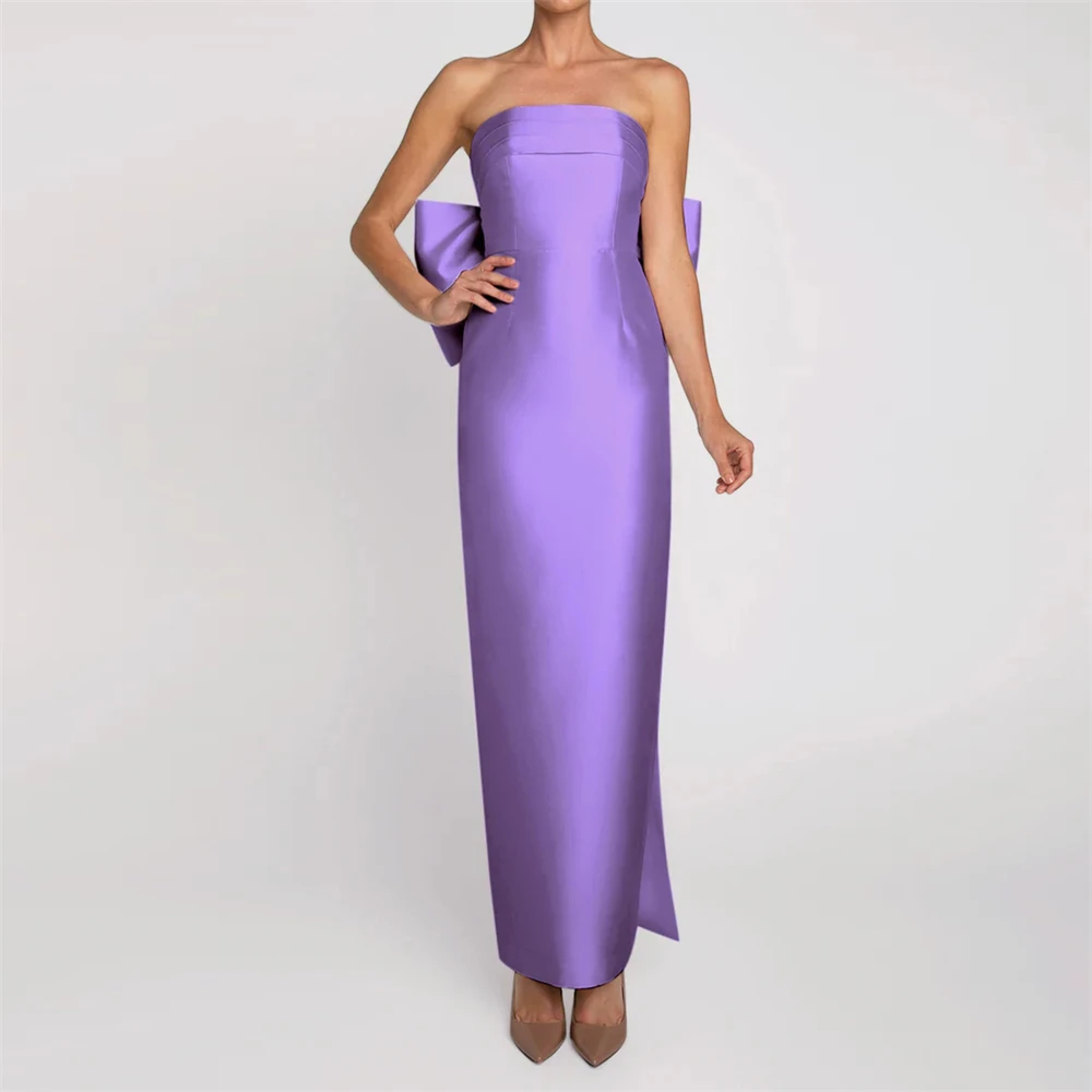 

Light Purple Evening Party Dresses Long 2023 Big Bow Backless Strapless Simple Satin Pageant Prom Gowns Elegant Robe De Soiree