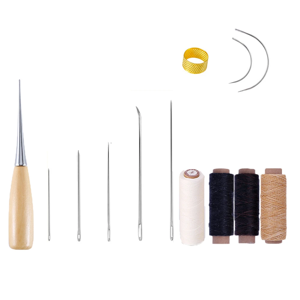 

Leather Sewing Kit with Waxed Thread Leather Needle Sewing Awl Thimble Leather Working Tool for Shoemaker Canvas Bag Belt Repair