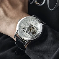 oblvlo retro casual men skeleton automatic watch mechanical calfskin strap mineral crystal glass waterproof clock dial 45mm vm