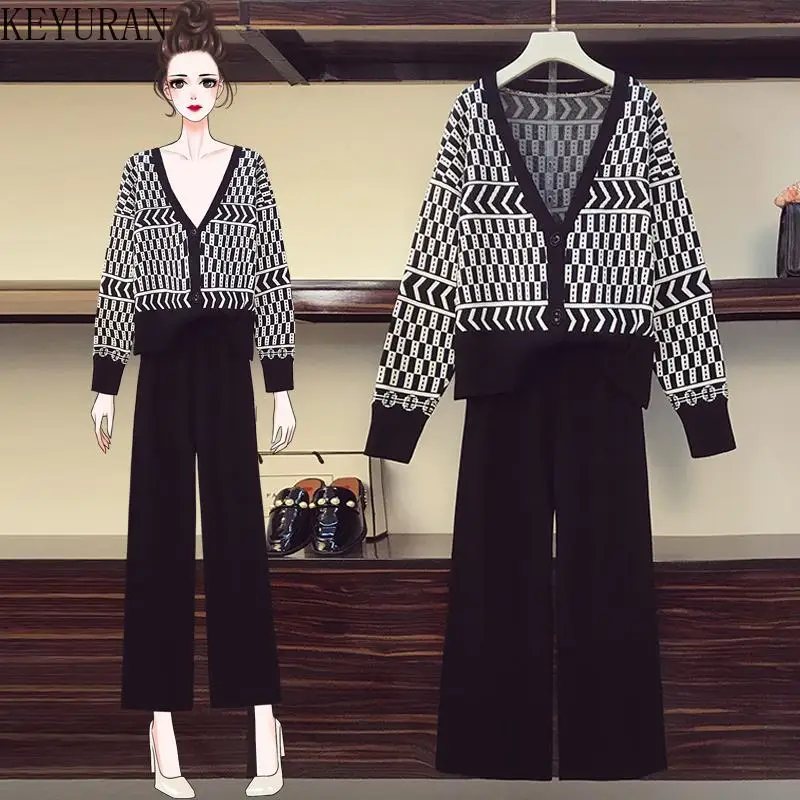 

Plus Size Women Knitting Suits 2022 Fall Winter Two Pieces Set V-Neck Knitted Cardigan Sweater + Elastic Wide Leg Pants Outfits
