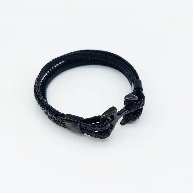 JW72 MB Stainless Steel Ship Anchor Leather Bracelet For Men Vintage Woven