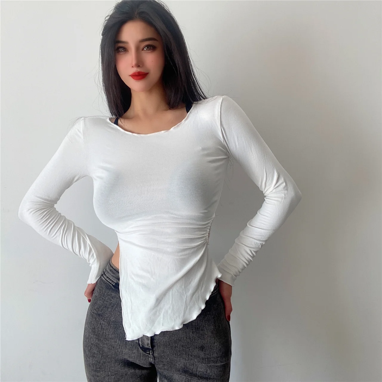 

New TVVOVVIN Solid 2021 Color Hollow Out Waist Closing Fold Long Sleeve T-shirt Sexy Slim Round Neck Top Tees Pink Sexy JT8C