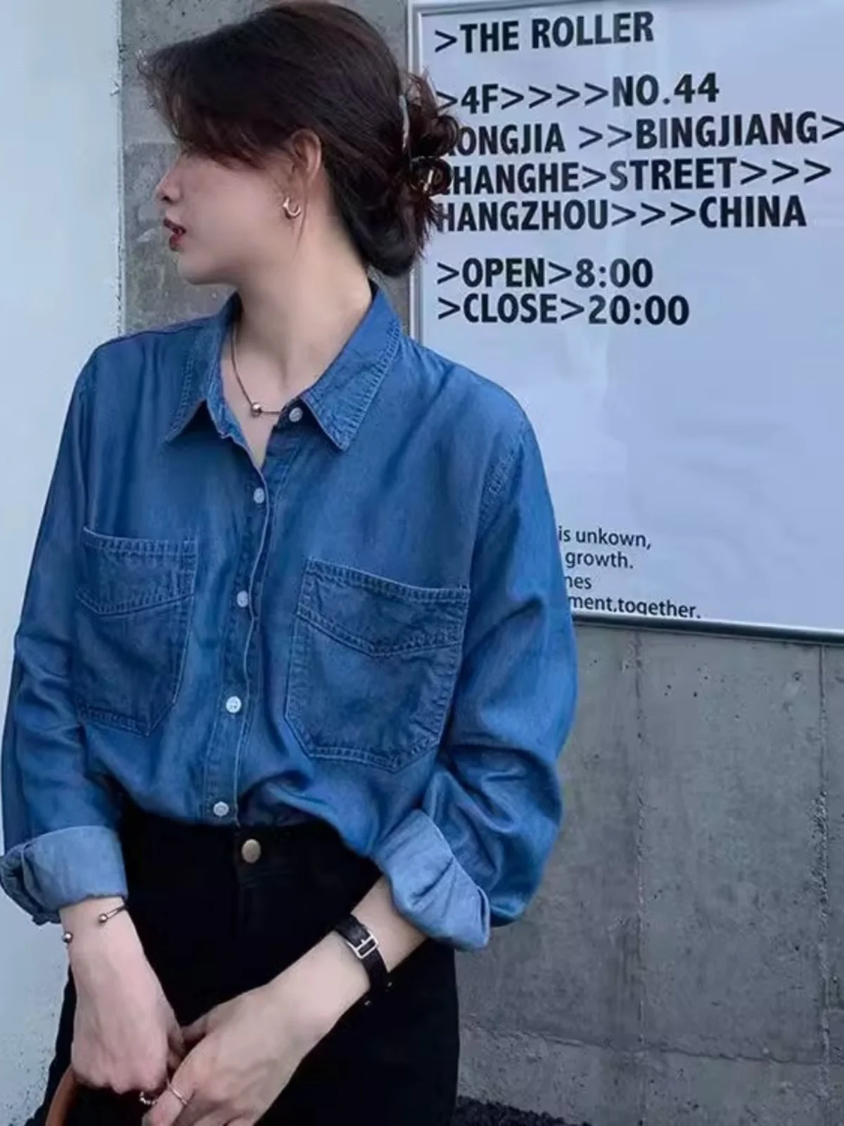 Design Sense Demin shirt Women Autumn and Winter Loose Stacked Inner wear Shirt Retro Hong Kong Flavor Slimming Soft Top Oute...