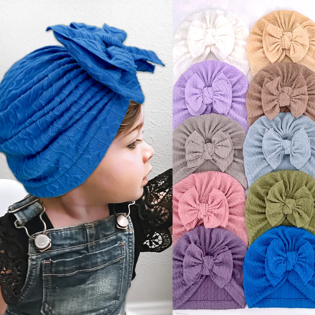 

Jacquard Baby Girl Hat Big Bow Infant Bonnet Elastic Kids Turban Hat Newborn Headwrap Baby Beanie Toddler Accessories 10 Colors