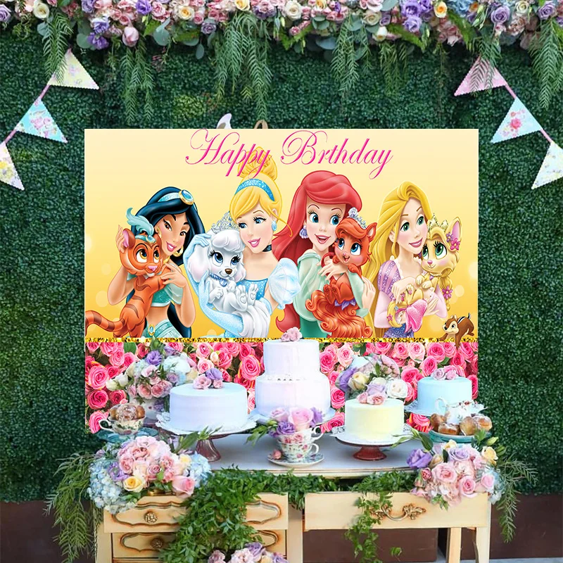 

Cartoon Disney Cinderella The Little Mermaid Ariel Aladdin Jasmine Princess Flower Backdrop Birthday Party Decoration Background