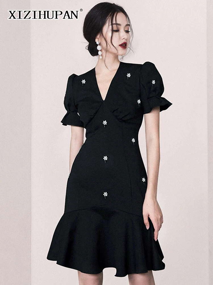 

XIZIHUPAN Elegant Print Dress For Women V Neck Puff Sleeve Gathered Waist Mini Bodycon Trumpet Dresses Female Summer Clothes New