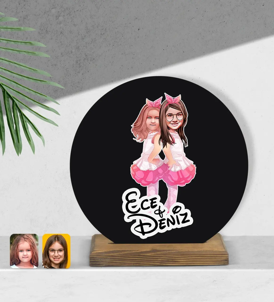

Personalized sisters cartoon round wooden Biblo-3