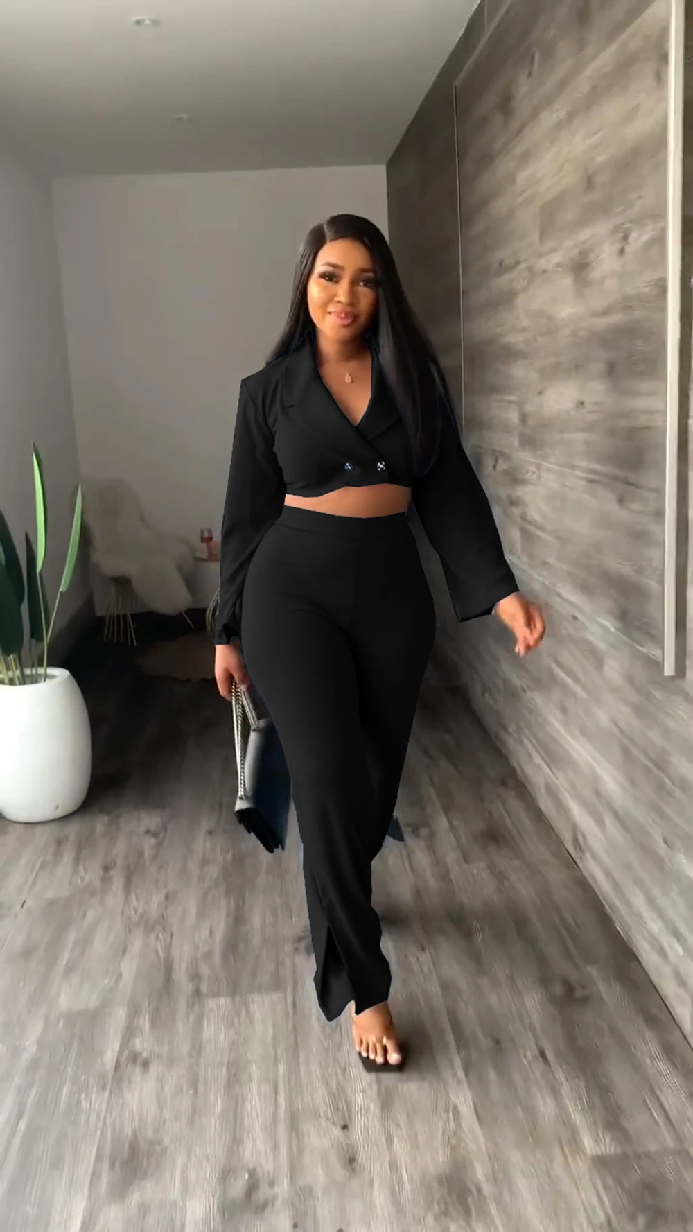 Two Piece Set African for Women Office Ladies Set V-neck Jacket Blazer and Slit Flared Trousers Suit Business Matching Set Slim