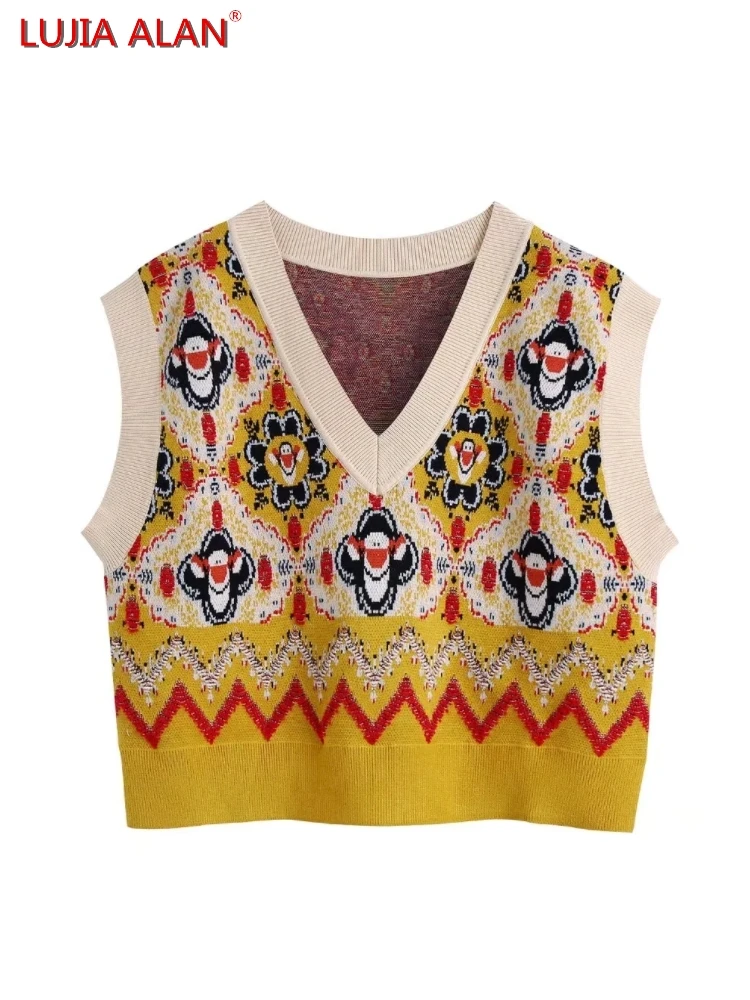 

Женский жилет с геометрическим рисунком, Женский пуловер с V-образным вырезом, повседневные женские короткие топы, LUJIA ALAN SW1589