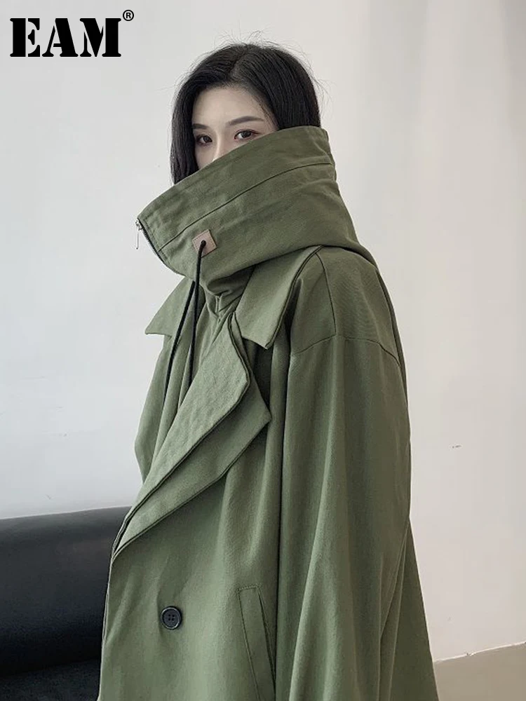 

[EAM] Loose Fit Green Big Size Long Casual Jacket New Hooded Long Sleeve Women Coat Fashion Tide Spring Autumn 2023 1DF1115