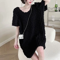 bubble checkered elastic short sleeved female niche loose 2022 new summer half sleeved chic trend black vintage dress