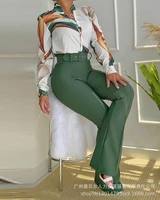 2022 spring new ladies suit casual shirt trousers with belt non positioning printing 2 piece temperament womens sportswear