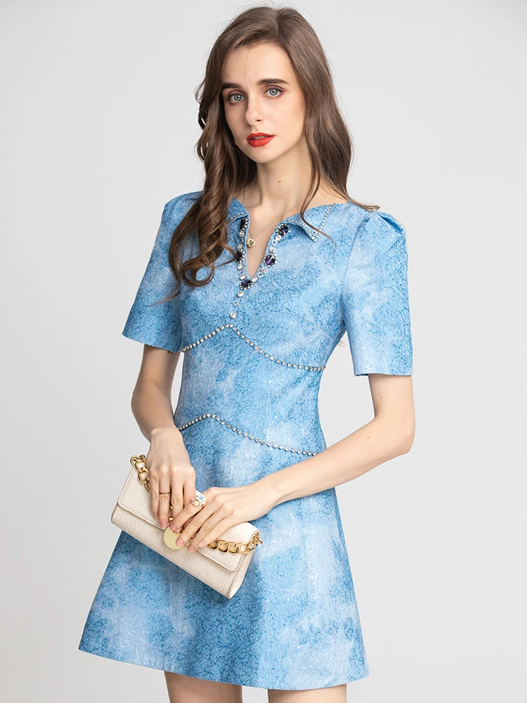 

MoaaYina Fashion Runway dress Summer Women's Dress V-neck Short sleeve Luxury Diamond Beading Elegant Blue Dresses
