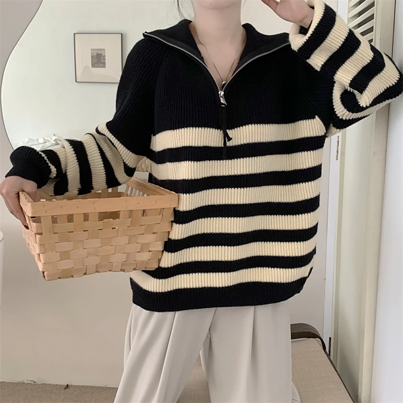 FINEWORDS винтажный повседневный зимний полосатый вязаный свитер женский корейский