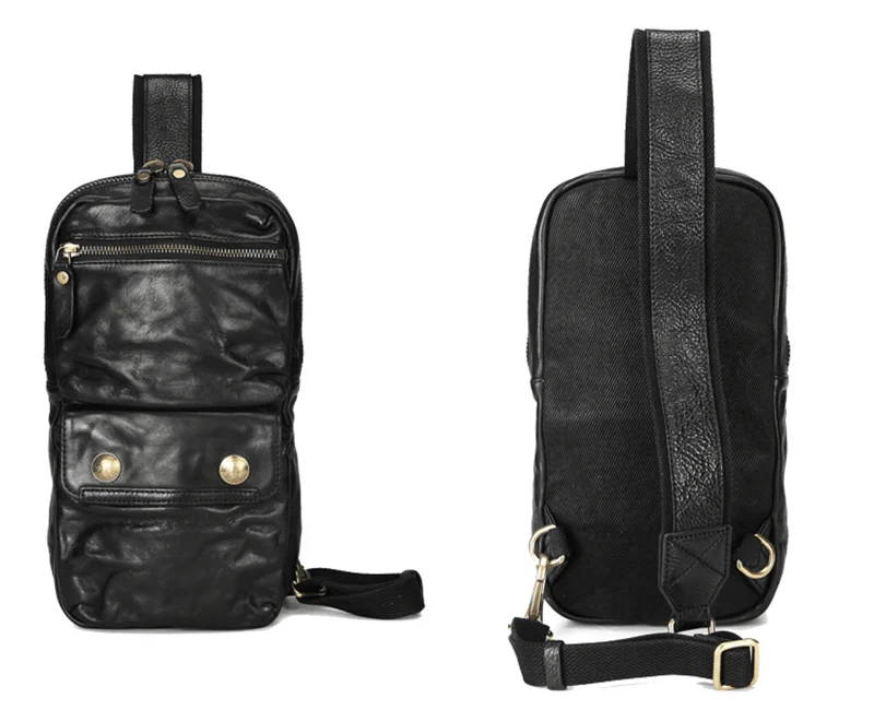 Fashion vintage luxury natural genuine leather men's pleated chest bag outdoor casual real cowhide black tablet shoulder bag