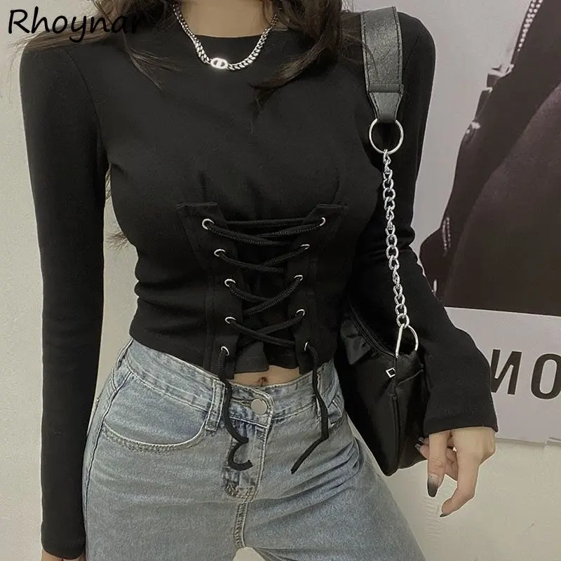 Готическая бандажная футболка с длинным рукавом женская модная однотонная