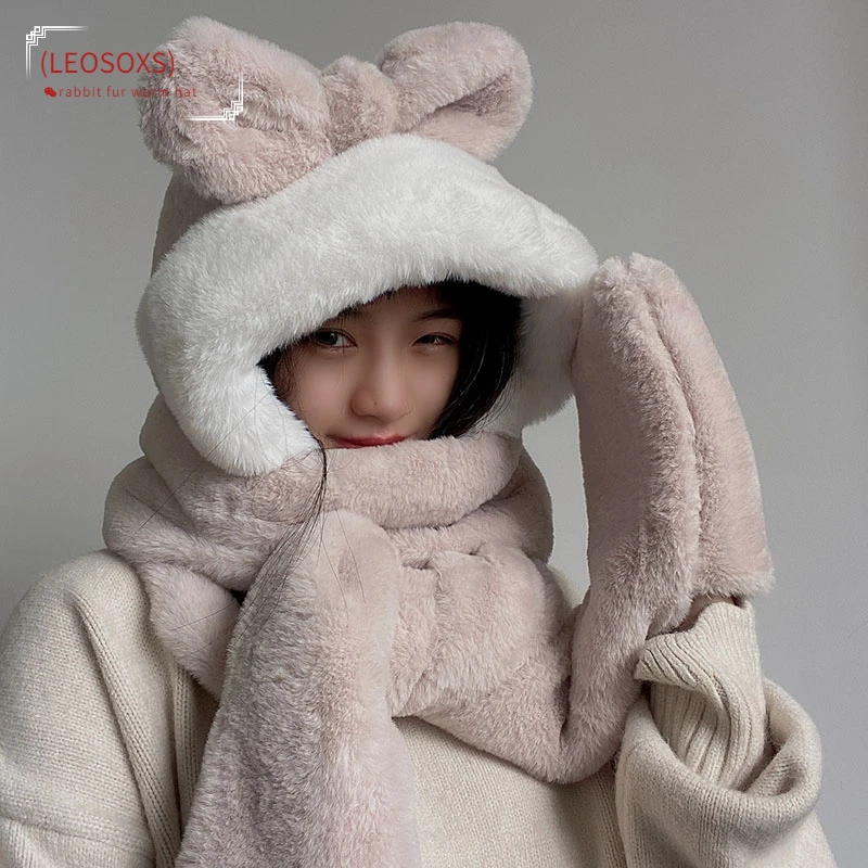 

New Winter Fashion Super Thick Simple Cute Hat Scarf Gloves Three-in-one Lei Feng Hat Cold-proof Imitation Rabbit Fur Warm Hat