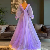 purple prom dress deep v neck ruched puffy sleeves sparkly prom gown with belt tulle draped a line sweetie glitter party dress