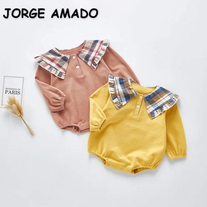 

2022 Korean Style New Spring Baby Wear Girl Bodysuit Long Sleeves Pink Yellow Plaid Collar Jumpsuit for Newborn Clothes E0103