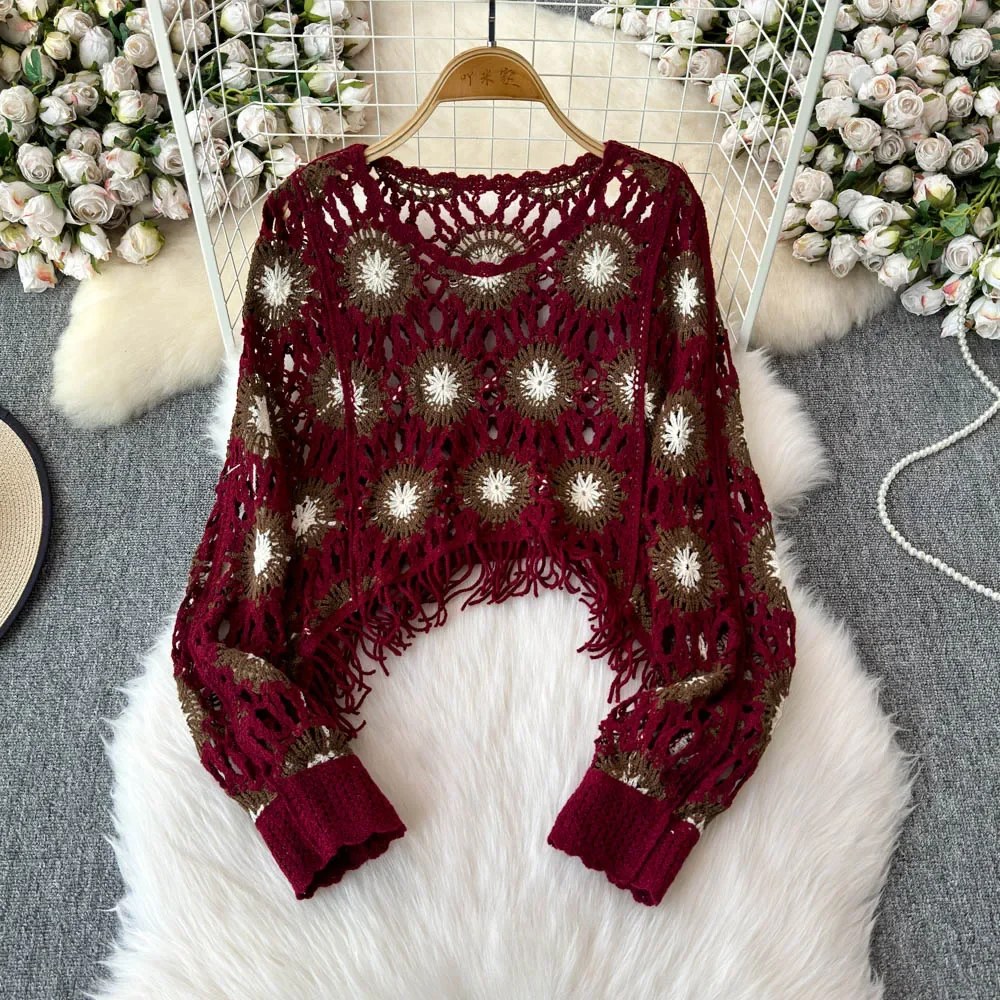 Винтажный элегантный вязаный Топ с круглым вырезом цветочным узором и вырезами