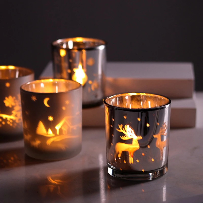 

1Pc Silver Scented Candle Container Handmade Candle Glass Empty Jar Christmas Reindeer Pattern Light Candle Cup Home Decor